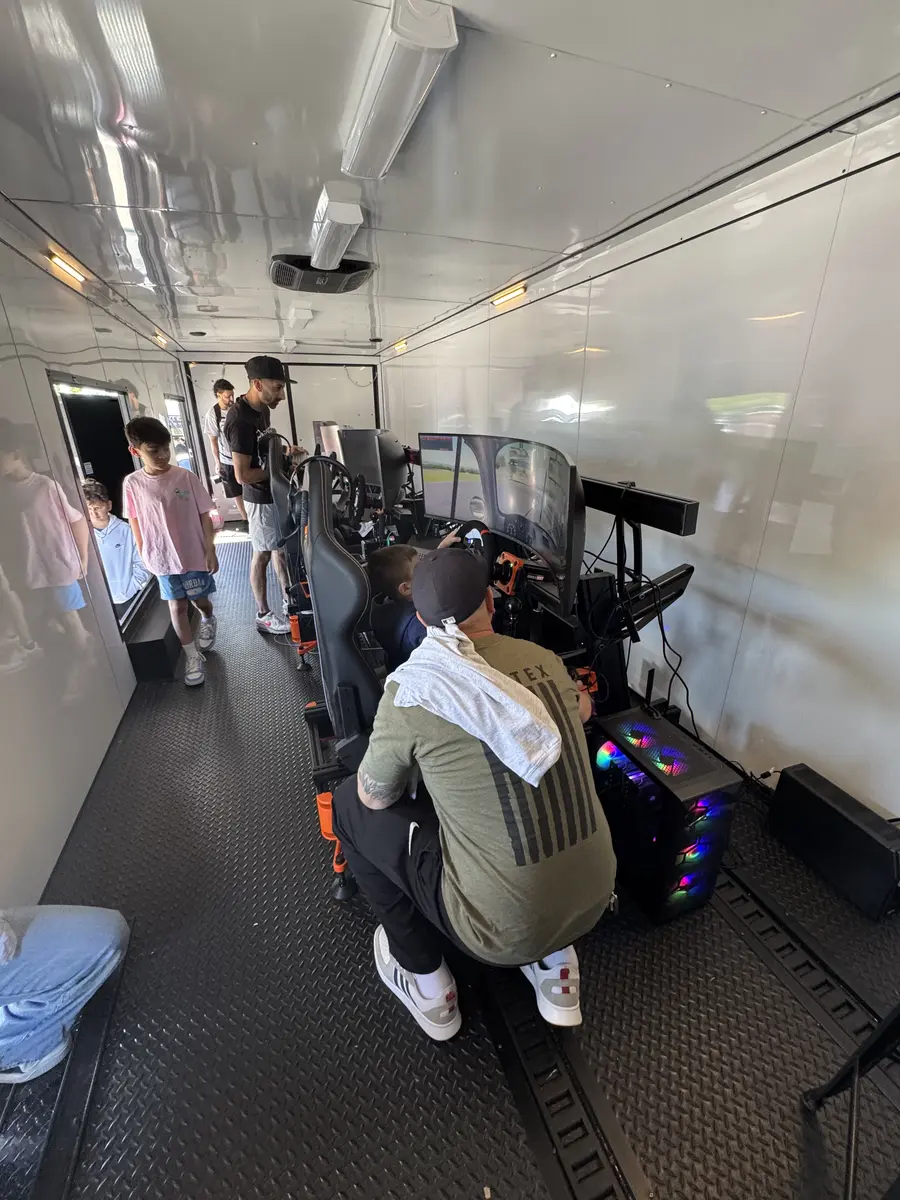 Inside the race trailer with guests