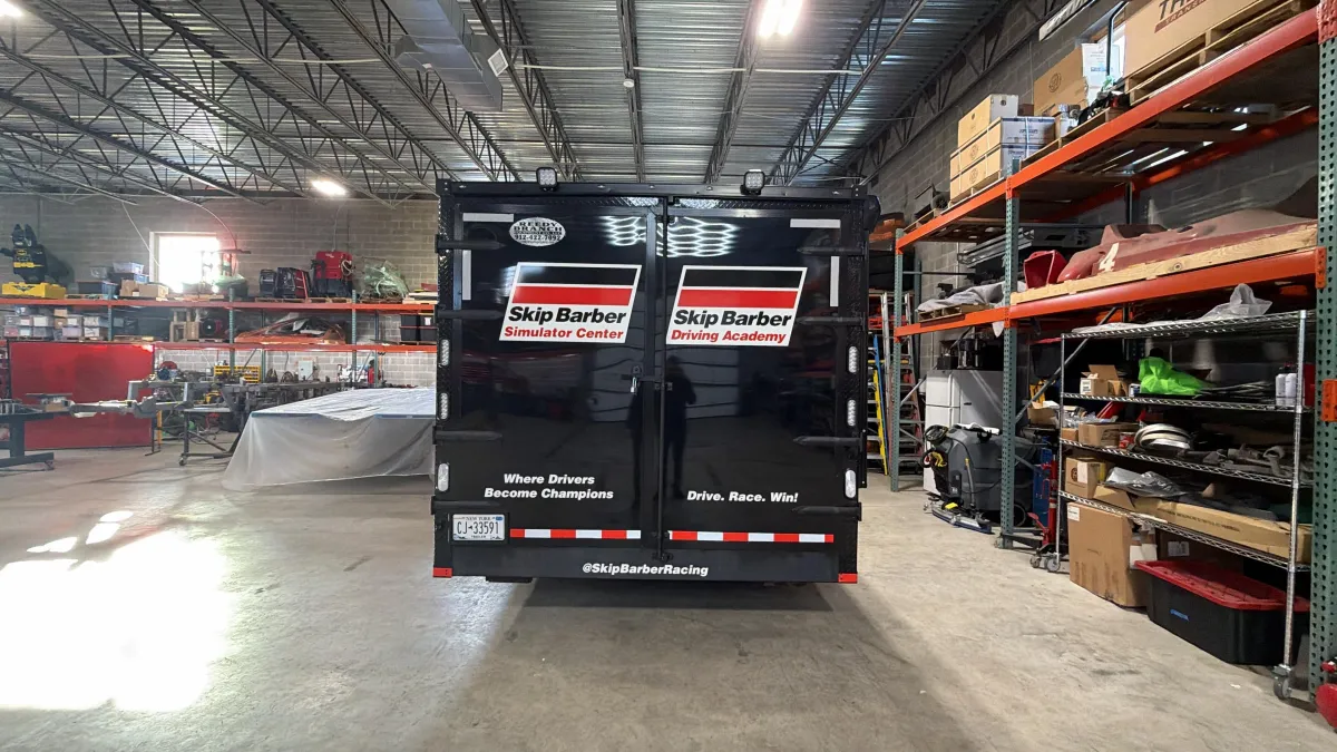 Trailer rear with Skip Barber branding